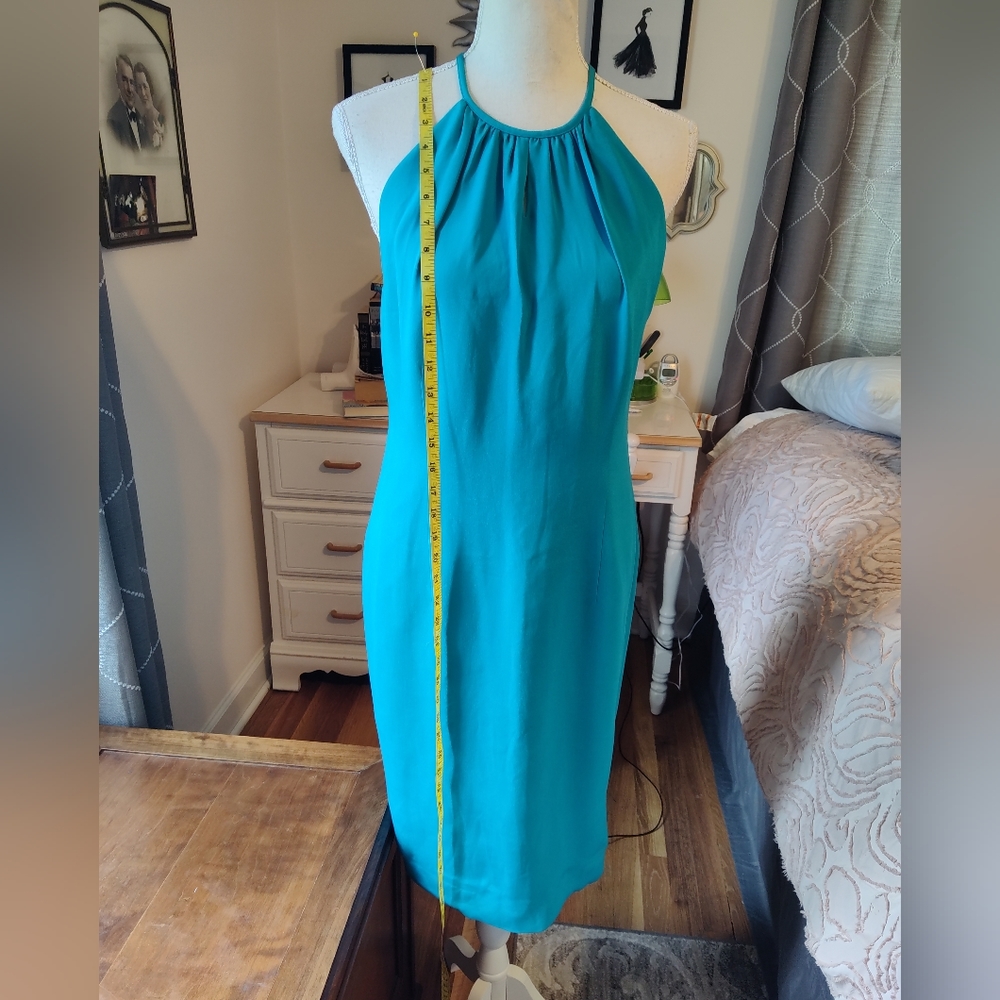 Vibrant turquoise 100% silk sheath halter dress